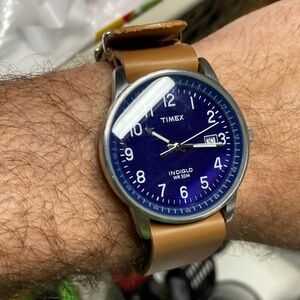 Timex blue dial watch, indiglo, tan nato strap, indiglo, working battery